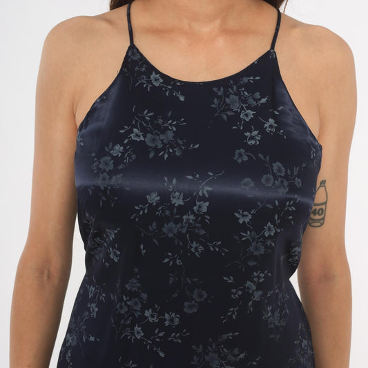 90s Navy Satin Halter Maxi Dress Floral Print Tie Back Small S