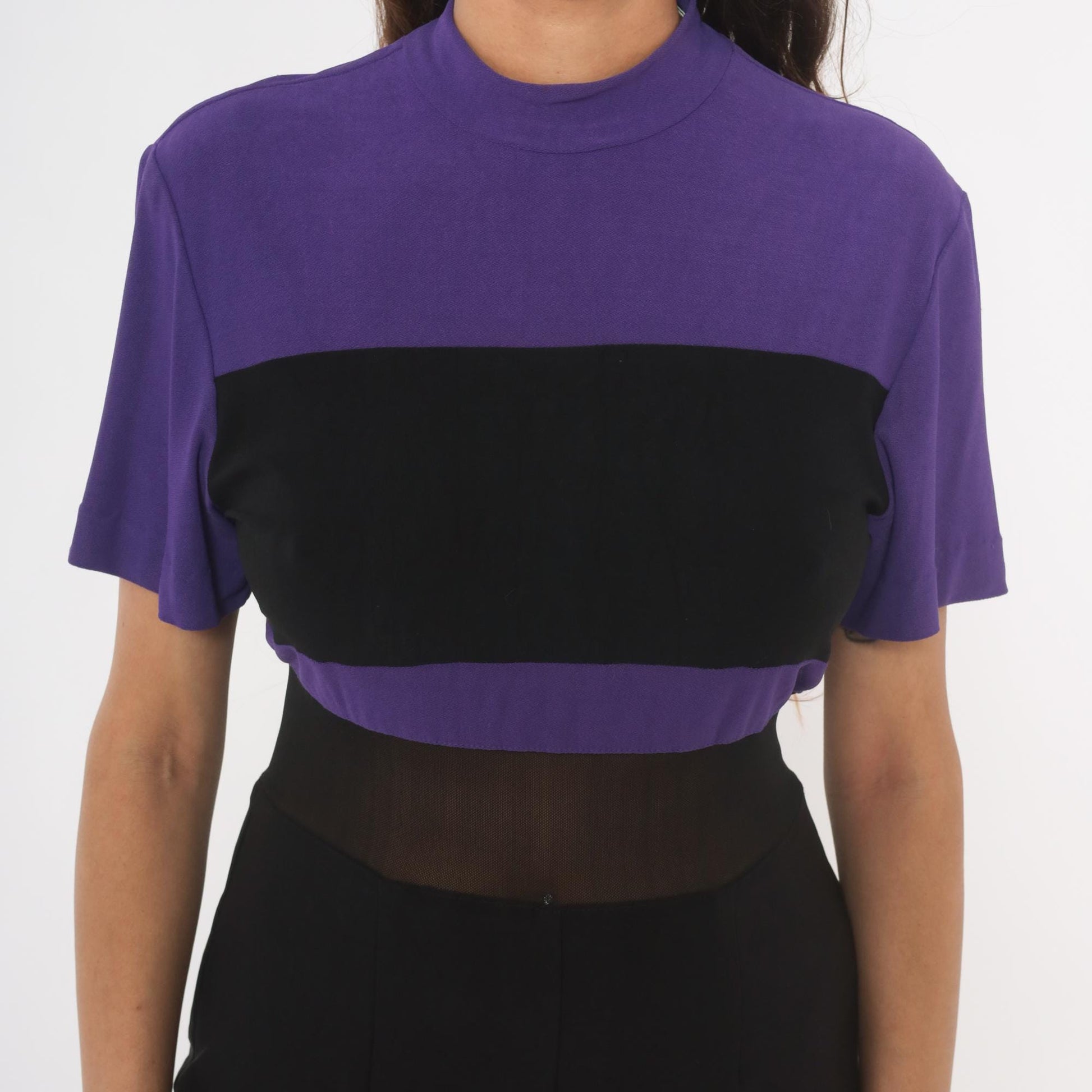 90s D.F. Summers Purple Black Color Block Romper Mesh Waist Medium M