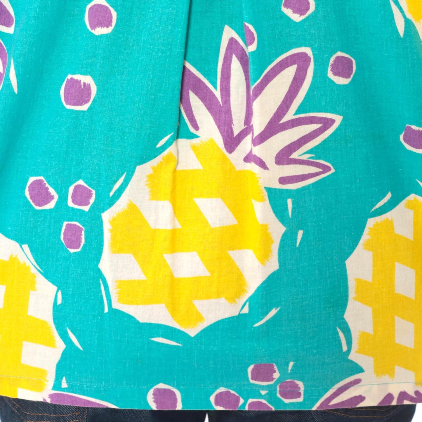 90s Young Hawaii Pineapple Print Blouse Teal Yellow V-Neck Large L