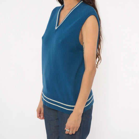 80s VIP Blue Knit Sweater Vest V-Neck Striped Trim Cricket Style Large