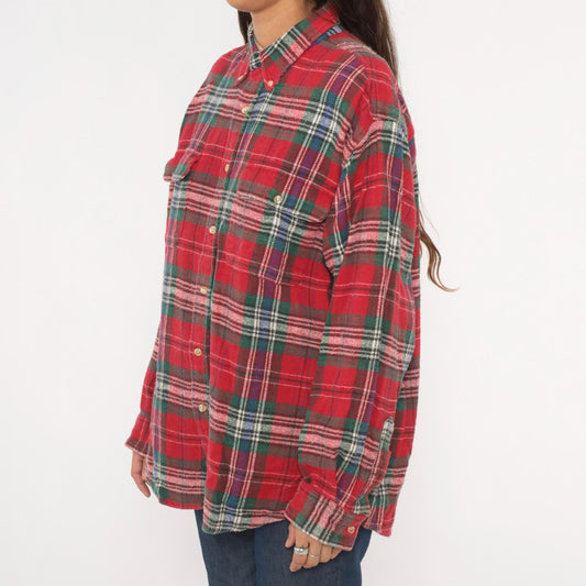 90s Claybrooke Outdoors Flannel Shirt Red Tartan Plaid Cotton Button Down Large