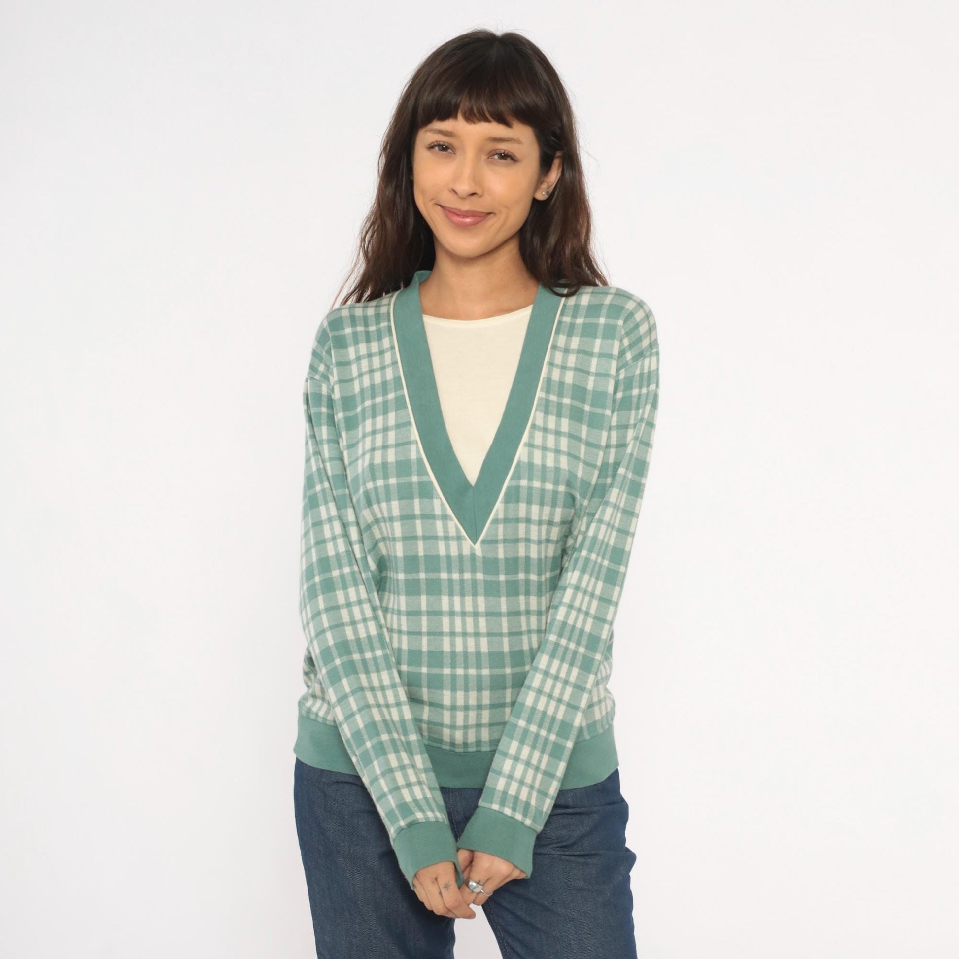 80s Cathy Daniels Green Plaid V-Neck Pullover Sage Ribbed Trim Small
