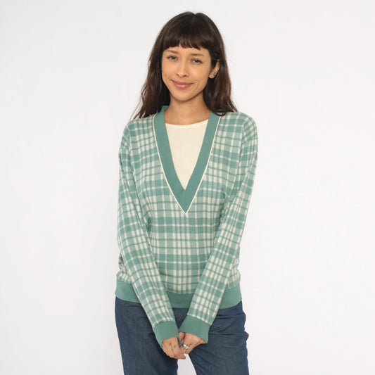 80s Cathy Daniels Green Plaid V-Neck Pullover Sage Ribbed Trim Small