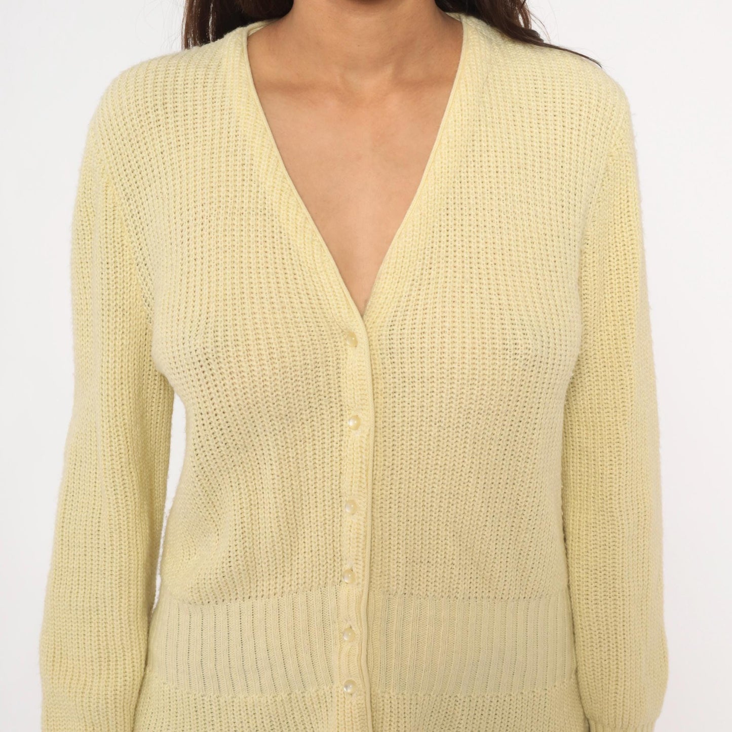 70s Avon Fashions Cardigan Sweater V Neck Cream Ribbed Knit Medium M