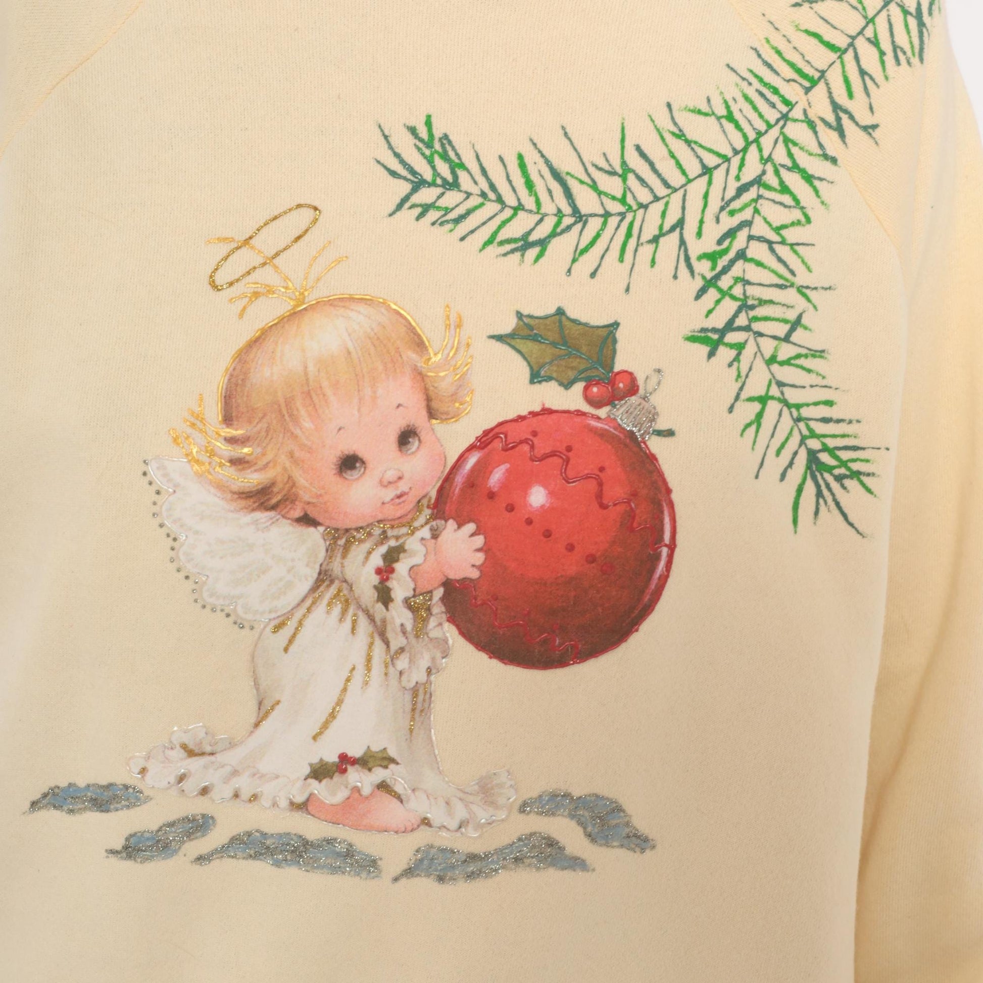 90s Hanes Her Way Christmas Angel Sweatshirt Cream Raglan Graphic Large L