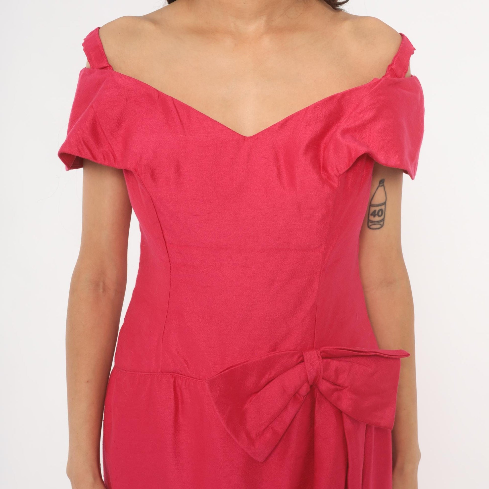 80s Hot Pink Off-Shoulder Maxi Gown Sweetheart Neckline Bow Tulip Skirt Large L