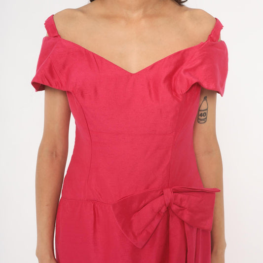 80s Hot Pink Off-Shoulder Maxi Gown Sweetheart Neckline Bow Tulip Skirt Large L