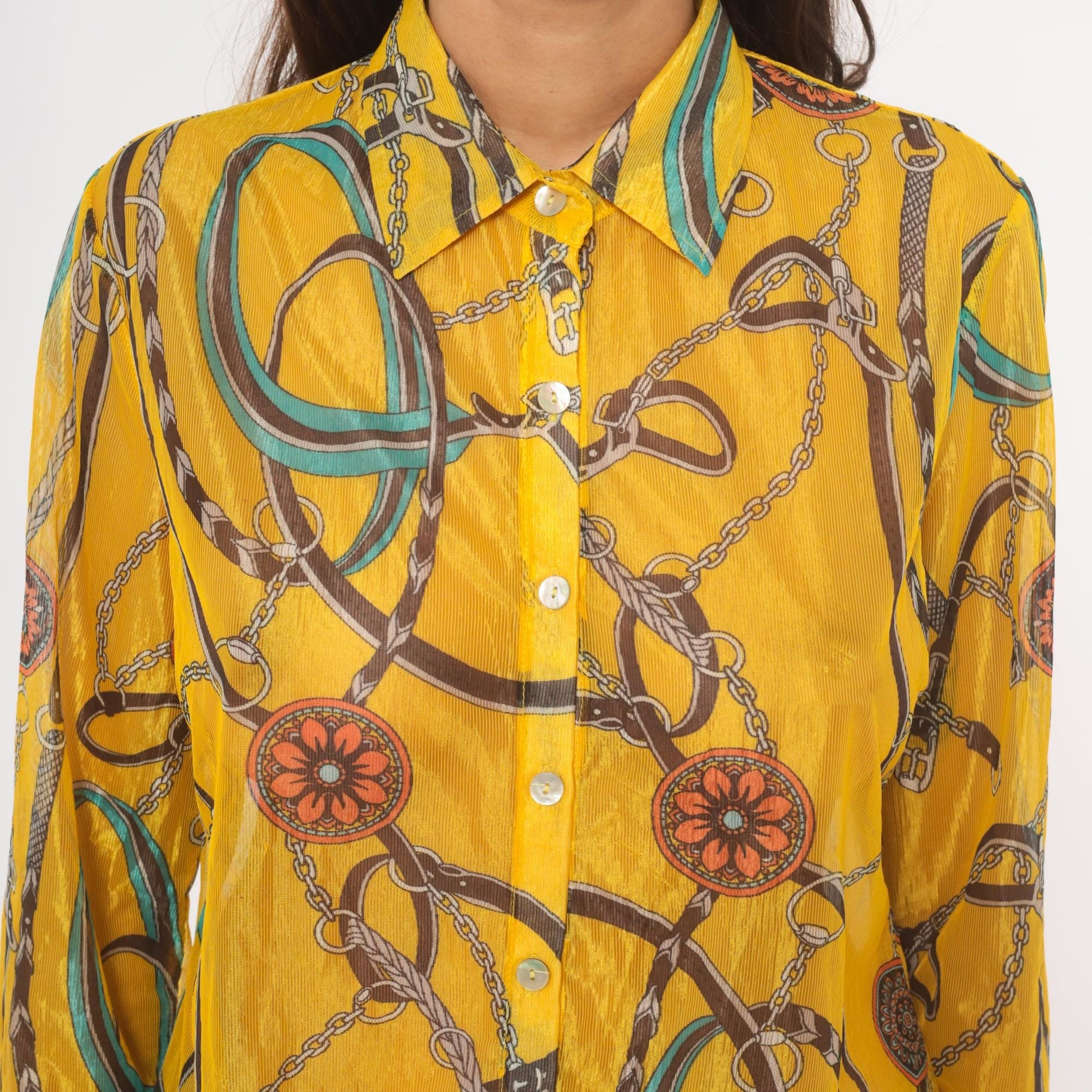 2000s Equestrian Chain Belt Print Sheer Blouse Mustard Gold Long Sleeve Large L
