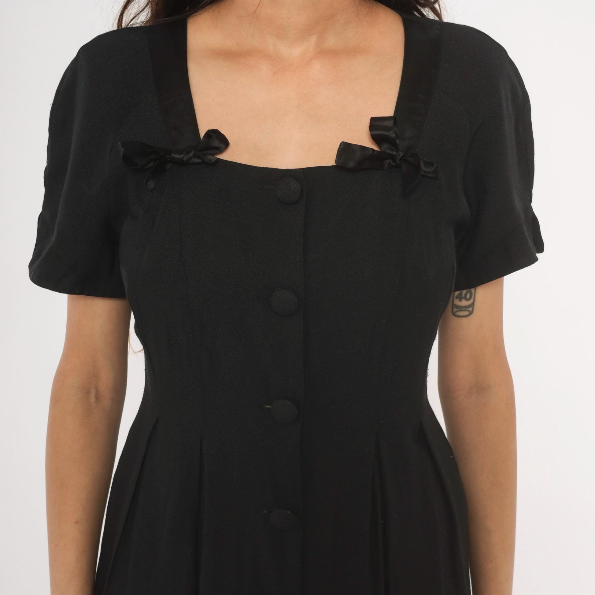 90s Atina by Karon Crosby Black Midi Dress Square Neck Bow Detail Medium