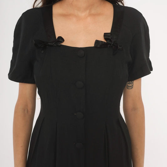90s Atina by Karon Crosby Black Midi Dress Square Neck Bow Detail Medium