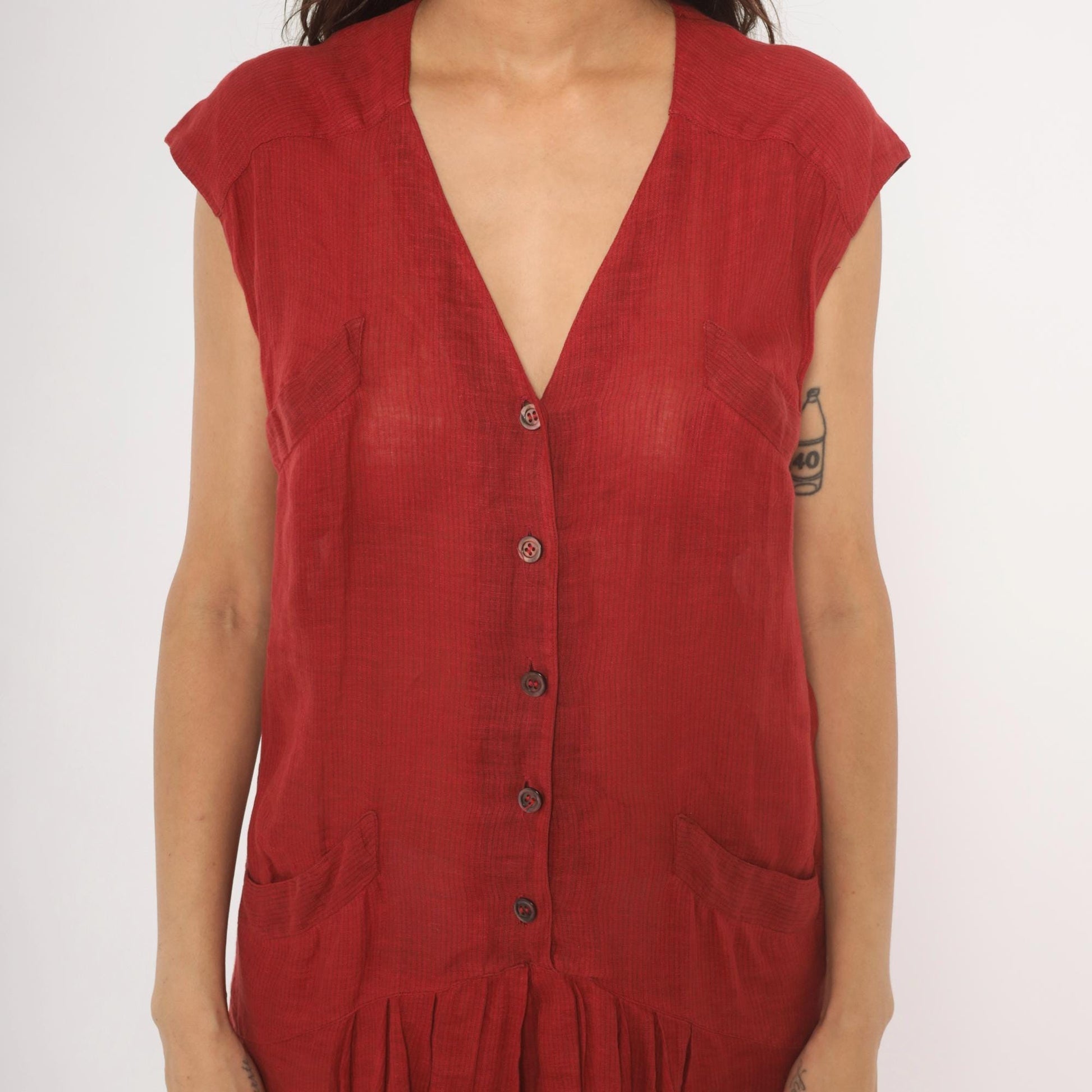 90s Laura Biagiotti Red Linen Dress V Neck Cap Sleeve Drop Waist Medium