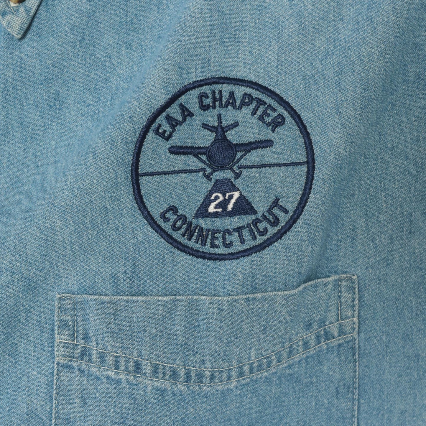 2000s Port and Company Aviation Patch Denim Shirt Light Wash Blue Medium M