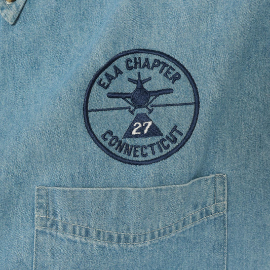 2000s Port and Company Aviation Patch Denim Shirt Light Wash Blue Medium M