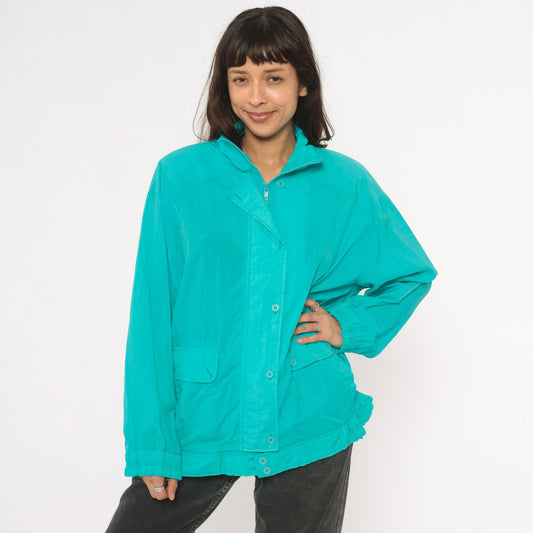 90s Koret Francisca Teal Windbreaker Jacket Raglan Snap Placket Large L