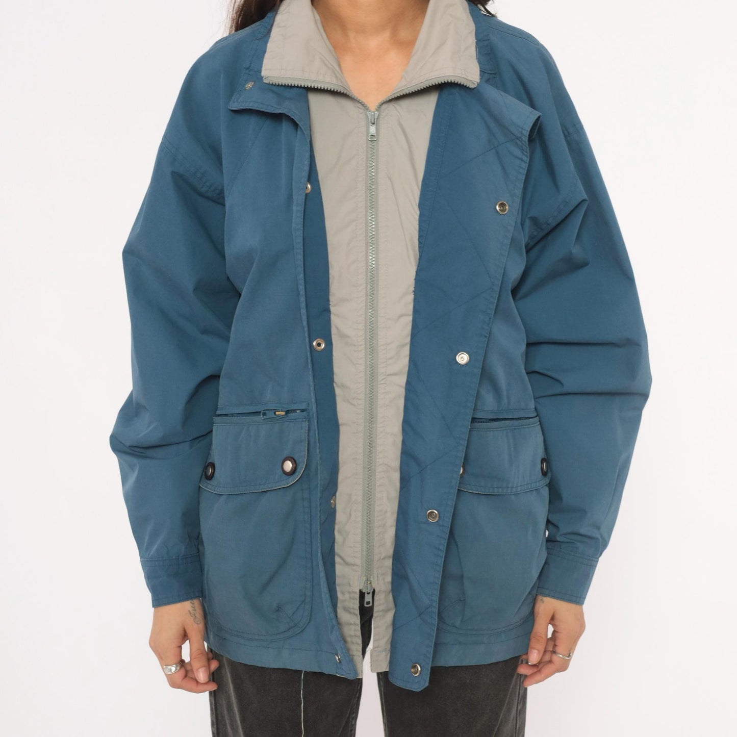 80s Whitefish Bay Slate Blue Field Jacket Grey Lined Utility Coat Small S