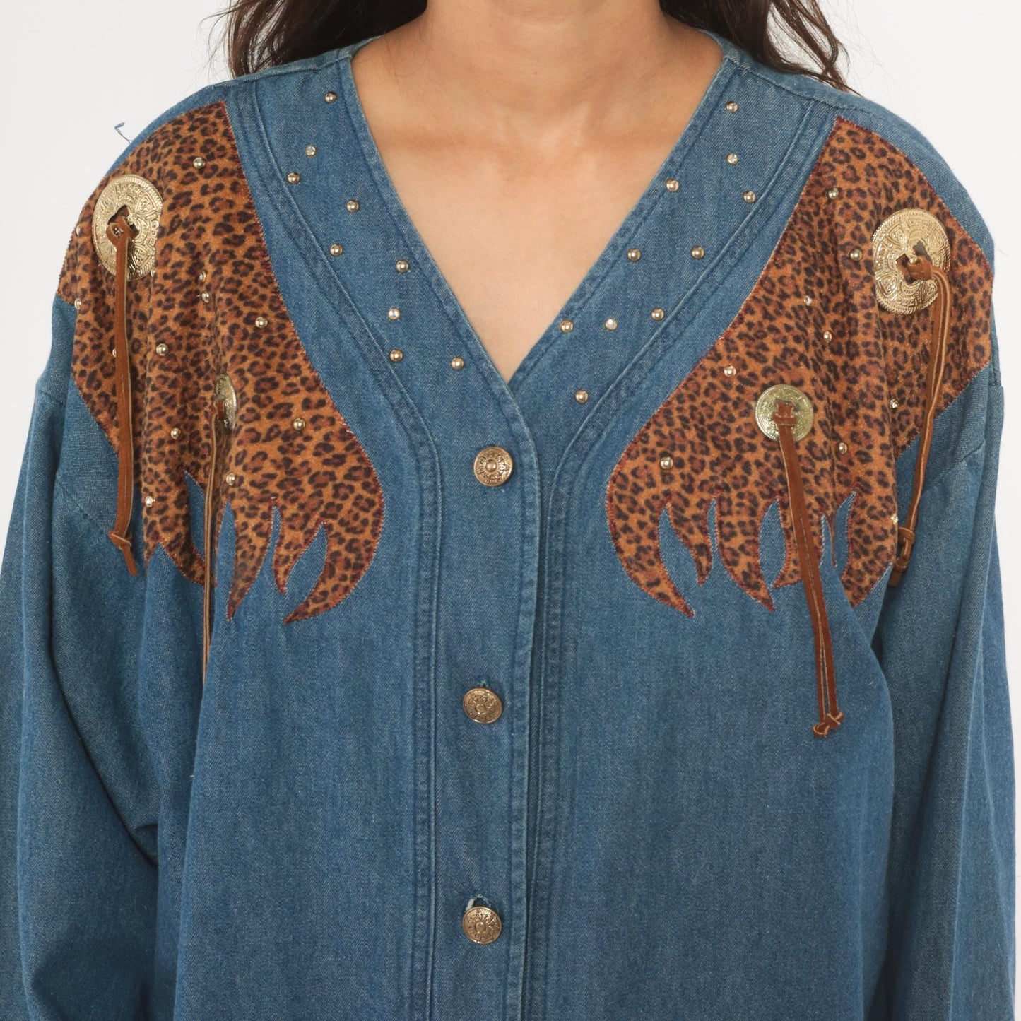 80s Western Leopard Denim Shirt Cotton Studded V-Neck Concho Fringe Large L