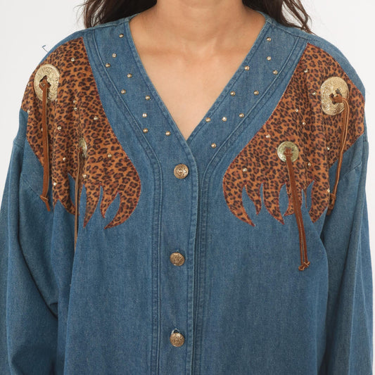 80s Western Leopard Denim Shirt Cotton Studded V-Neck Concho Fringe Large L