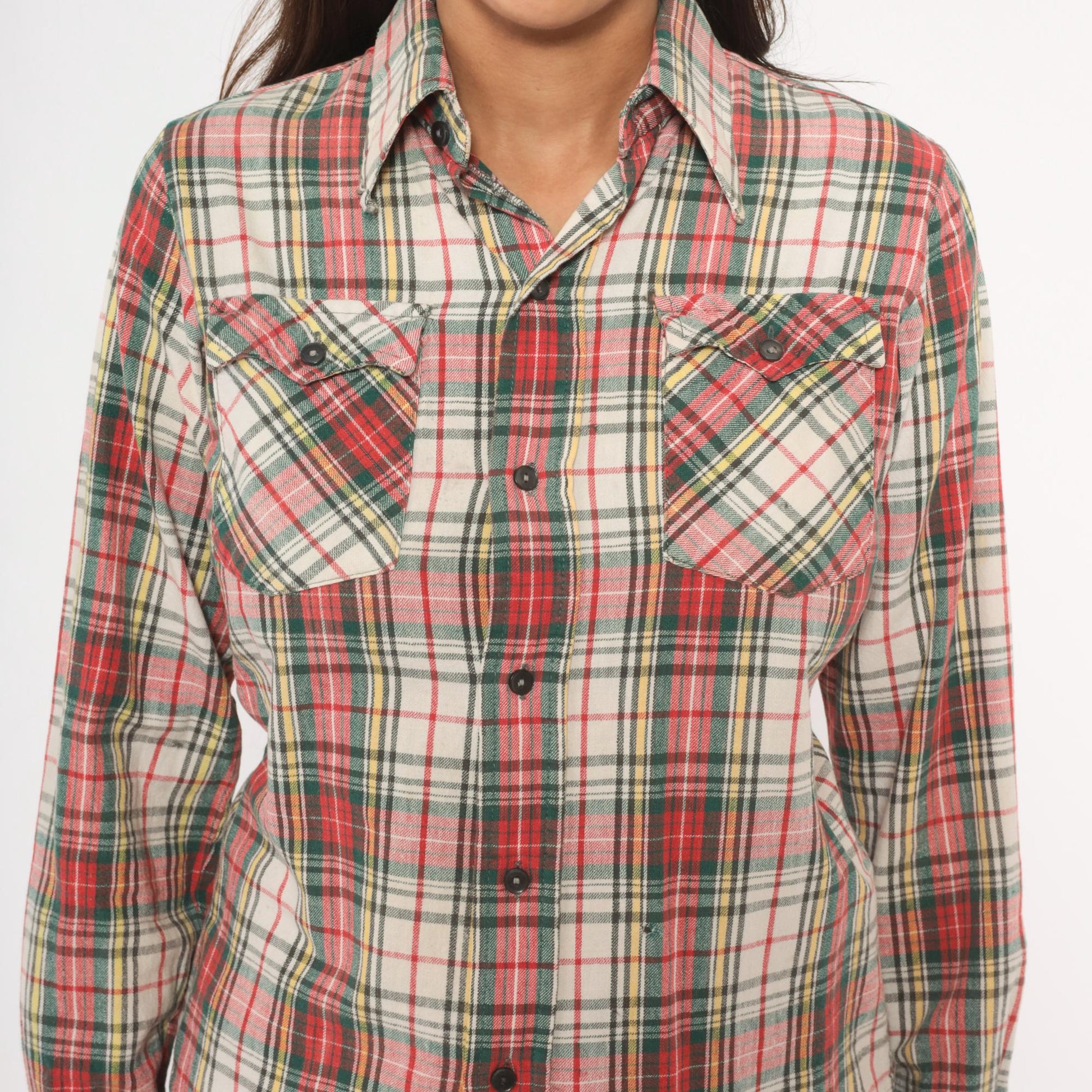 80s Medalist Plaid Flannel Shirt Red Green Tartan Button Front XS