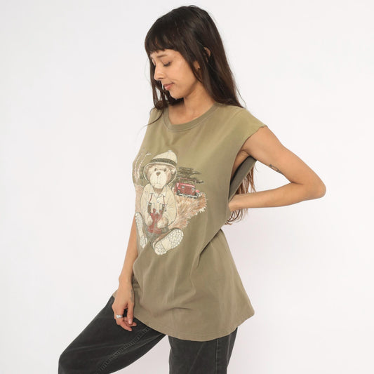 90s Northwest Blue Safari Bear Graphic Tank Top Olive Green Extra Large