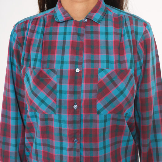 80s Quality Fashion Plaid Button-Up Blouse Teal Magenta Check Pointed Collar Large L