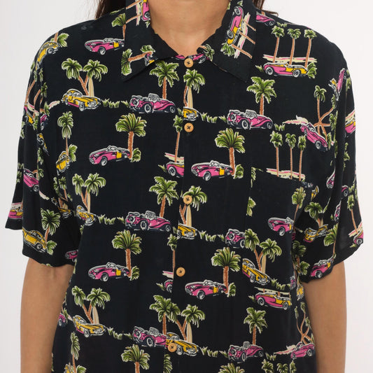 90s Classic Cars Hawaiian Shirt Black Pink Yellow Palm Tree Camp Collar XS