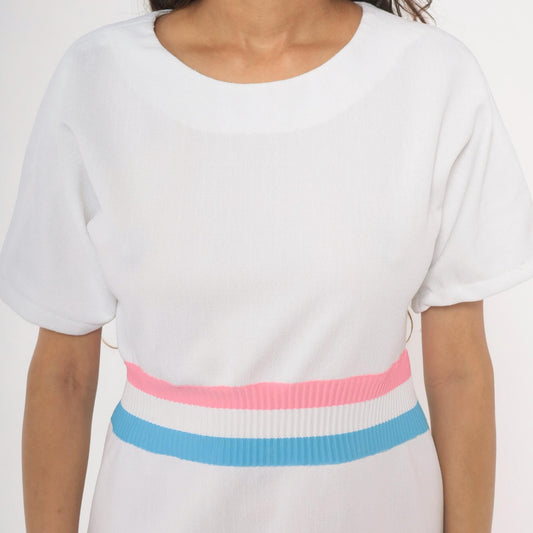 70s White Striped Ribbed Knit Pullover Dress Pink Blue A-Line Knee Length Large L