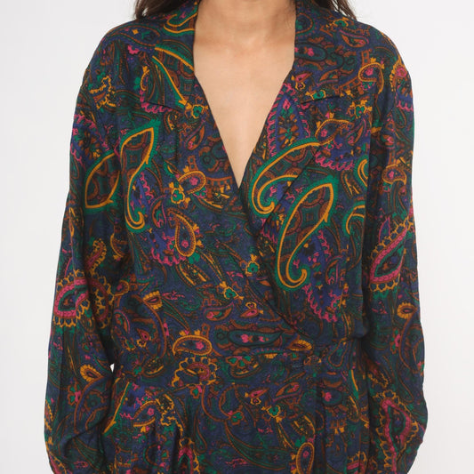 90s Tanner Paisley Midi Dress Navy Teal Pink Gold Long Sleeve Large L