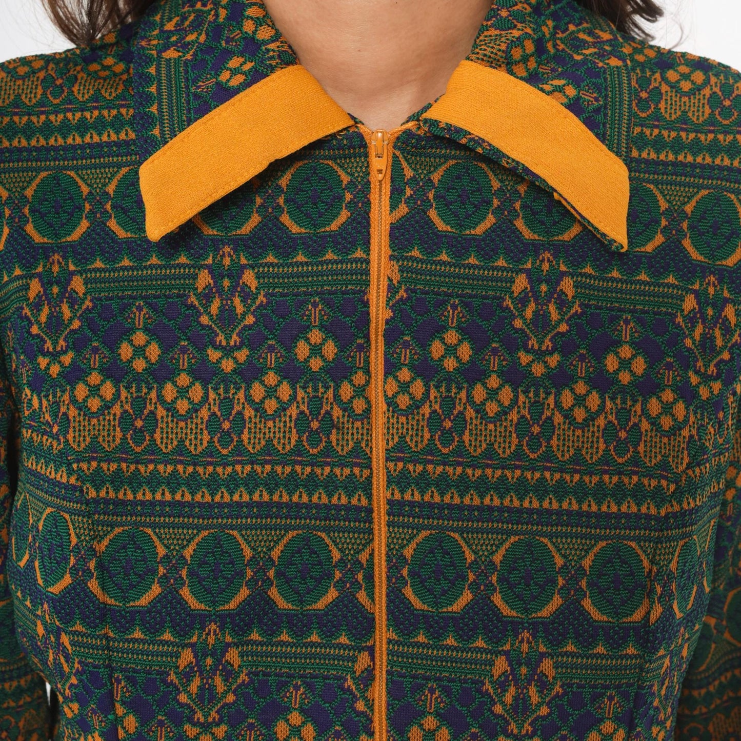 70s NPC Fashions Tapestry Mini Dress Forest Green Gold Jacquard Zip Collar Large L