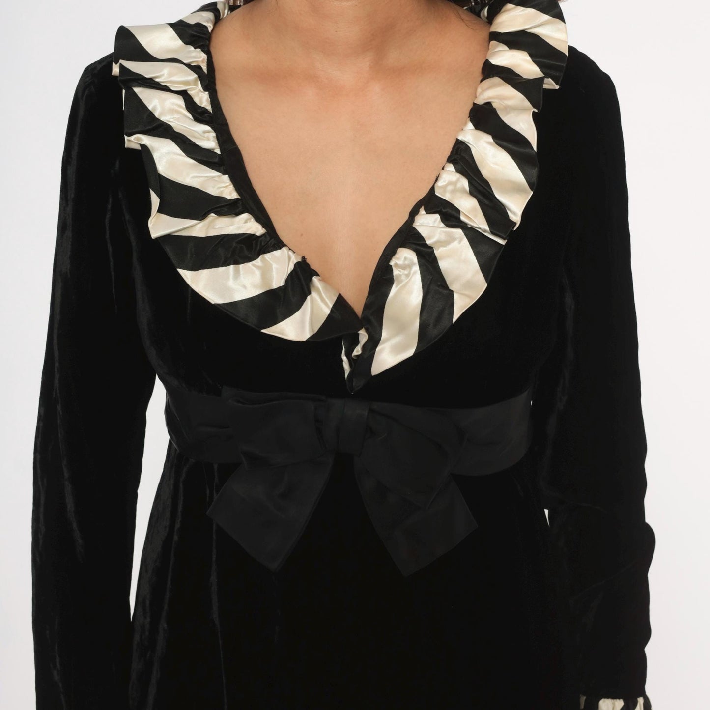 60s Andine Original Velvet Mini Dress Black Striped Ruffle Collar Small S