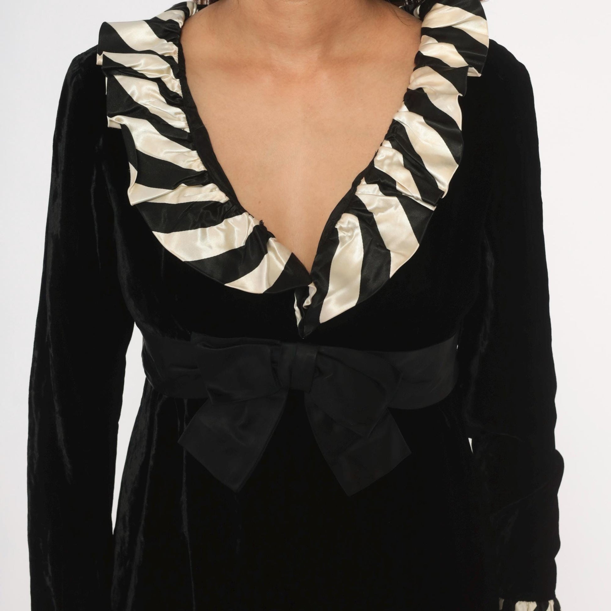 60s Andine Original Velvet Mini Dress Black Striped Ruffle Collar Small S