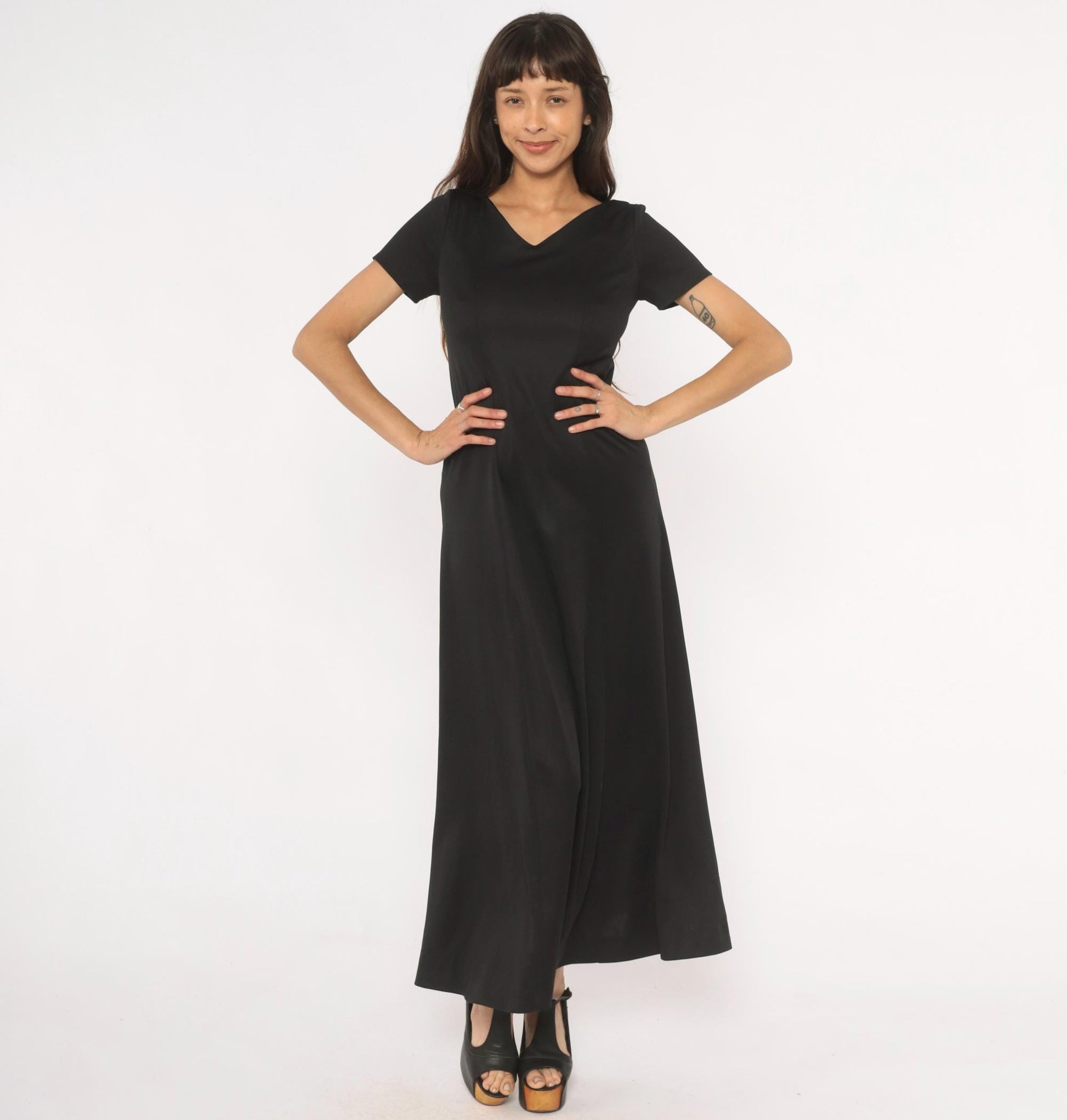 90s Black Maxi Dress V Neck Short Sleeve A Line Formal Gown Small S