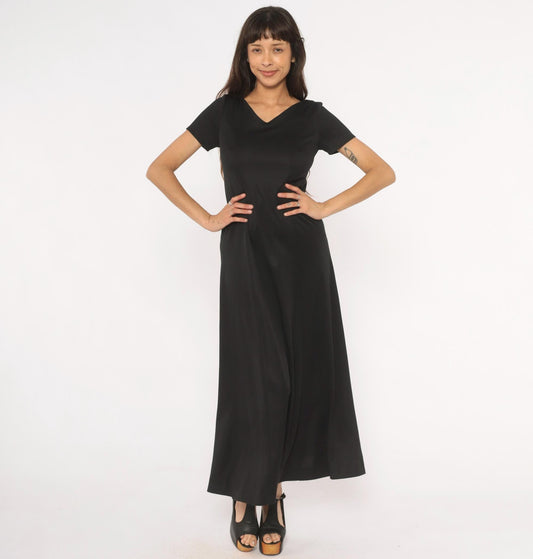 90s Black Maxi Dress V Neck Short Sleeve A Line Formal Gown Small S