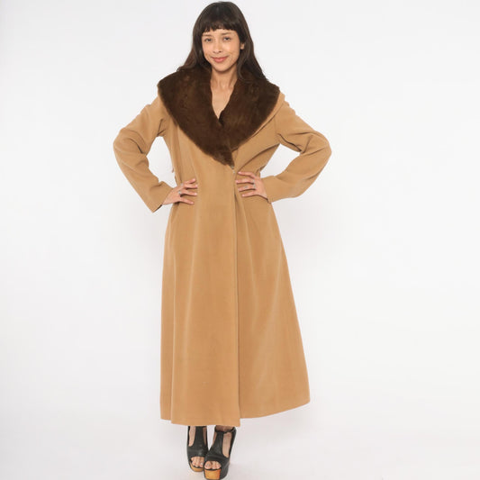 90s Spiegel Wool Cashmere Camel Coat Fur Collar Ankle Length Tan Medium M