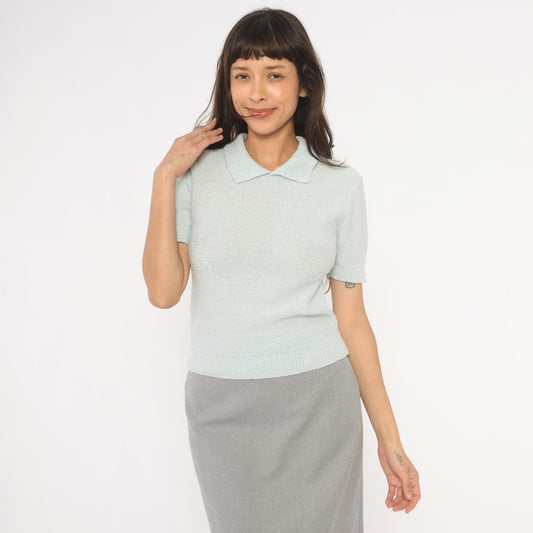 70s Chris Ann Mint Knit Polo V-Neck Collared Pullover Small S