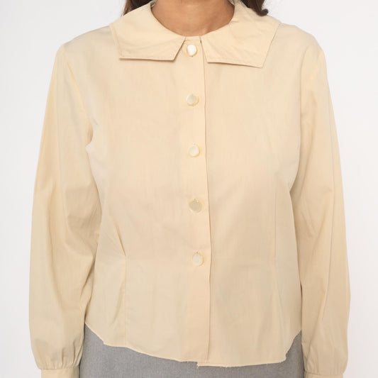 70s Fashionalit Cream Button Front Blouse Pointed Collar Puff Sleeve Medium