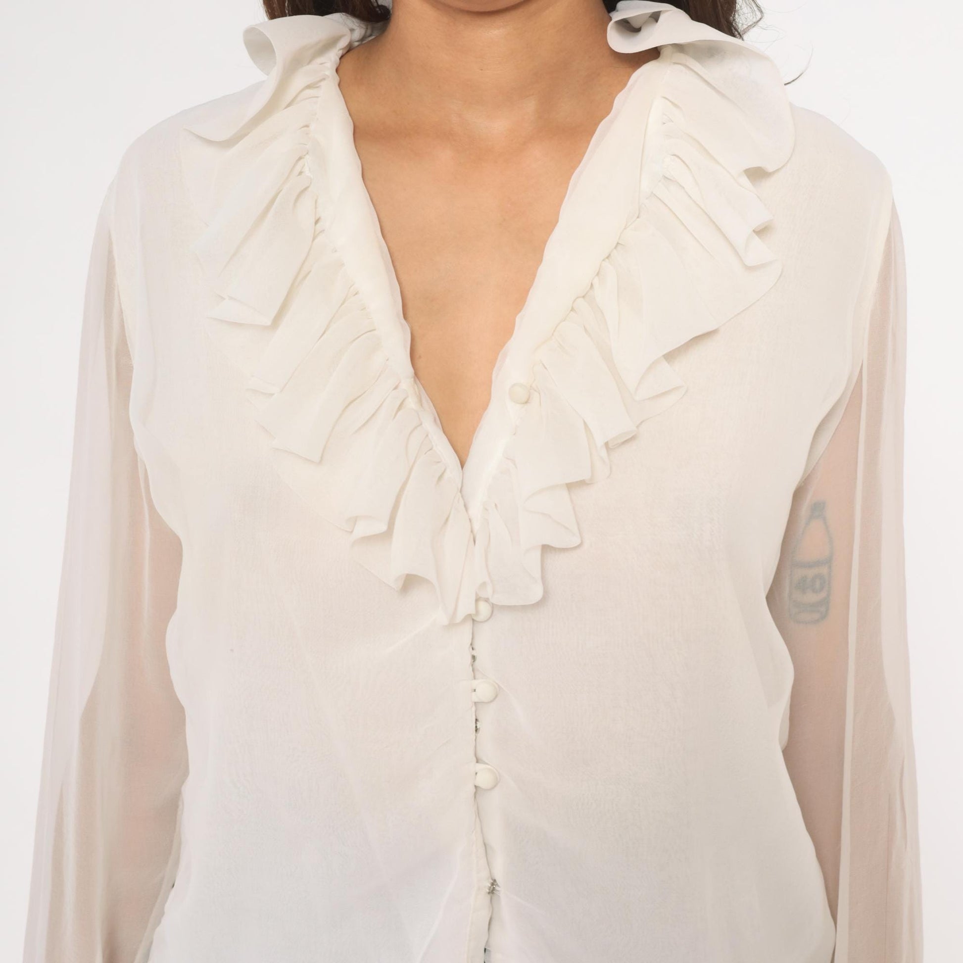 70s Gregory Ruffle Collar Blouse Ivory V-Neck Button Front Sheer Sleeve Medium