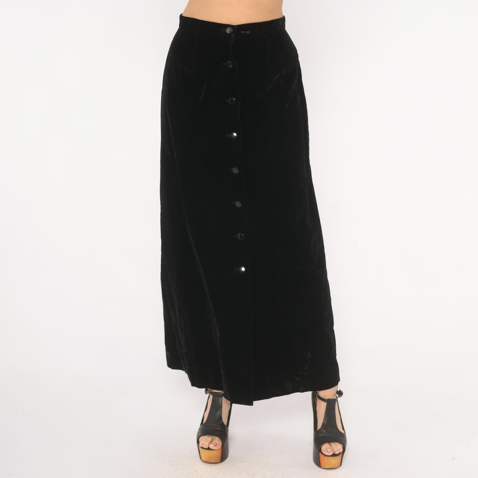 90s Black Velvet Maxi Skirt Button Front A-Line High Waist Small S
