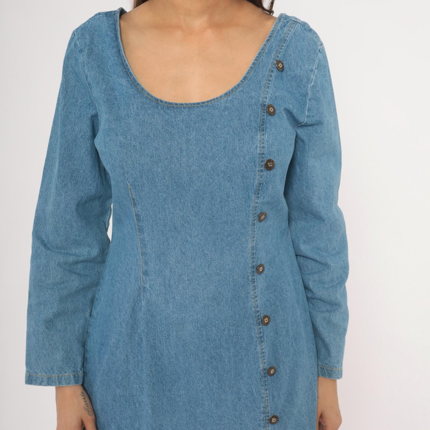 90s Switch USA Light Blue Denim Midi Dress Cotton Long Sleeve Medium M