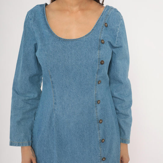 90s Switch USA Light Blue Denim Midi Dress Cotton Long Sleeve Medium M