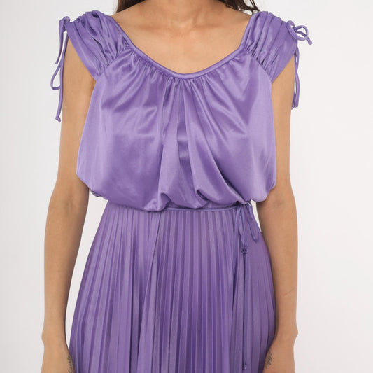 70s Lavender Pleated Maxi Dress Satin Blouson Bodice Tie Shoulder Small S
