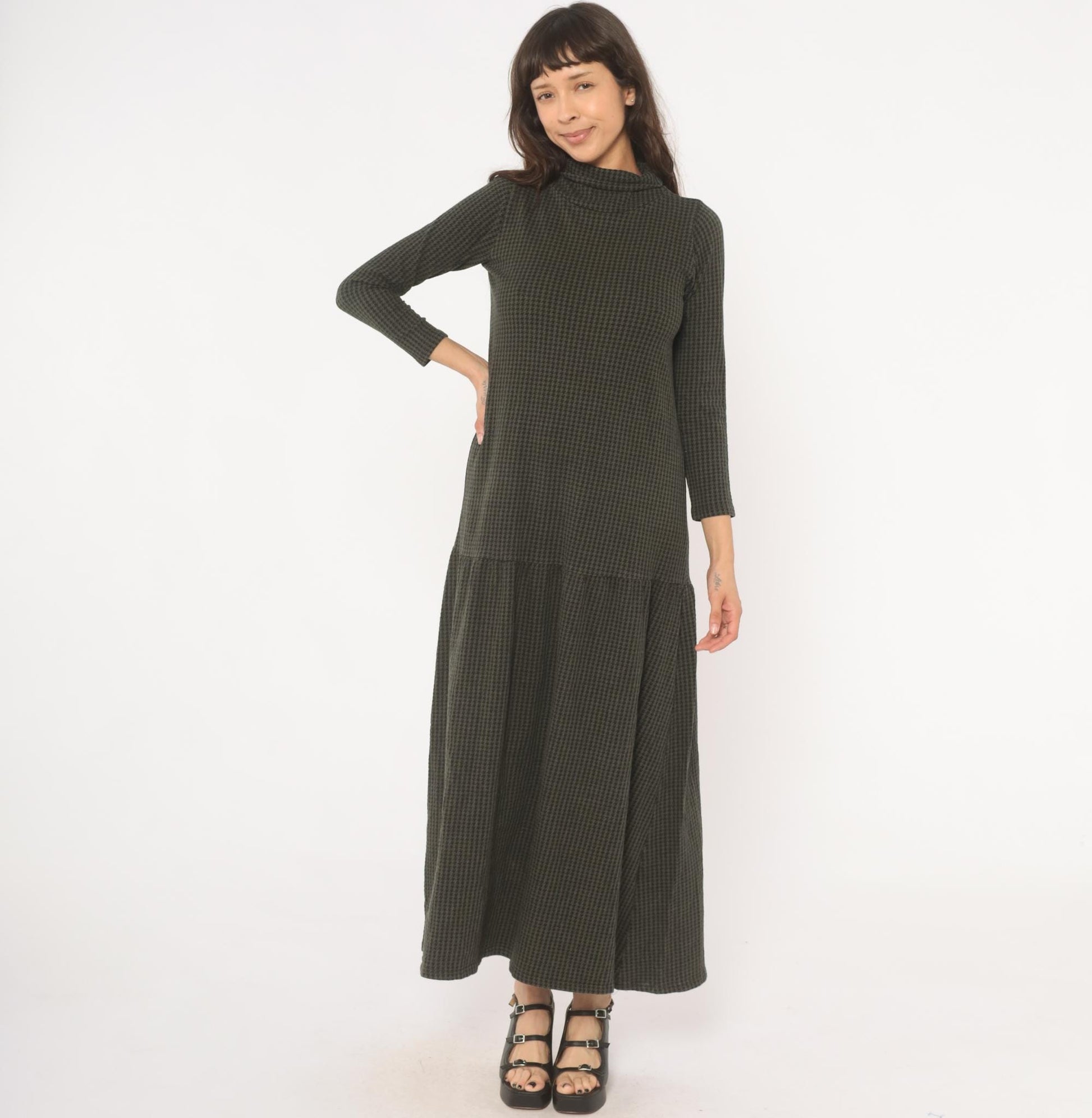 90s JP Houndstooth Maxi Dress Olive Black Funnel Neck Drop Waist Medium M