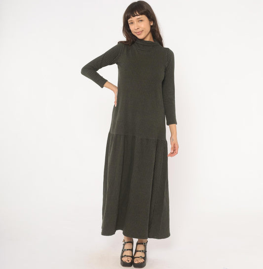 90s JP Houndstooth Maxi Dress Olive Black Funnel Neck Drop Waist Medium M