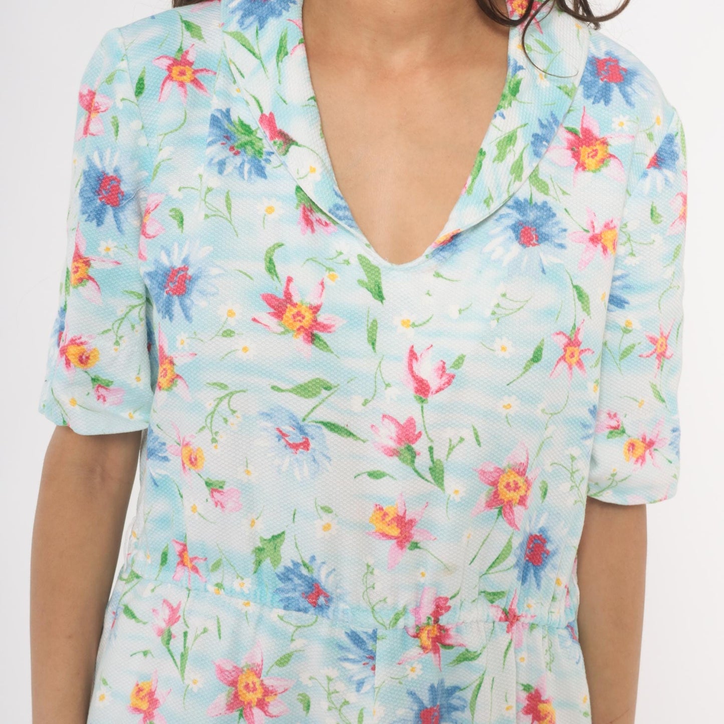 90s Light Blue Wildflower Cotton Midi Dress Pink Floral Gathered Waist Large L