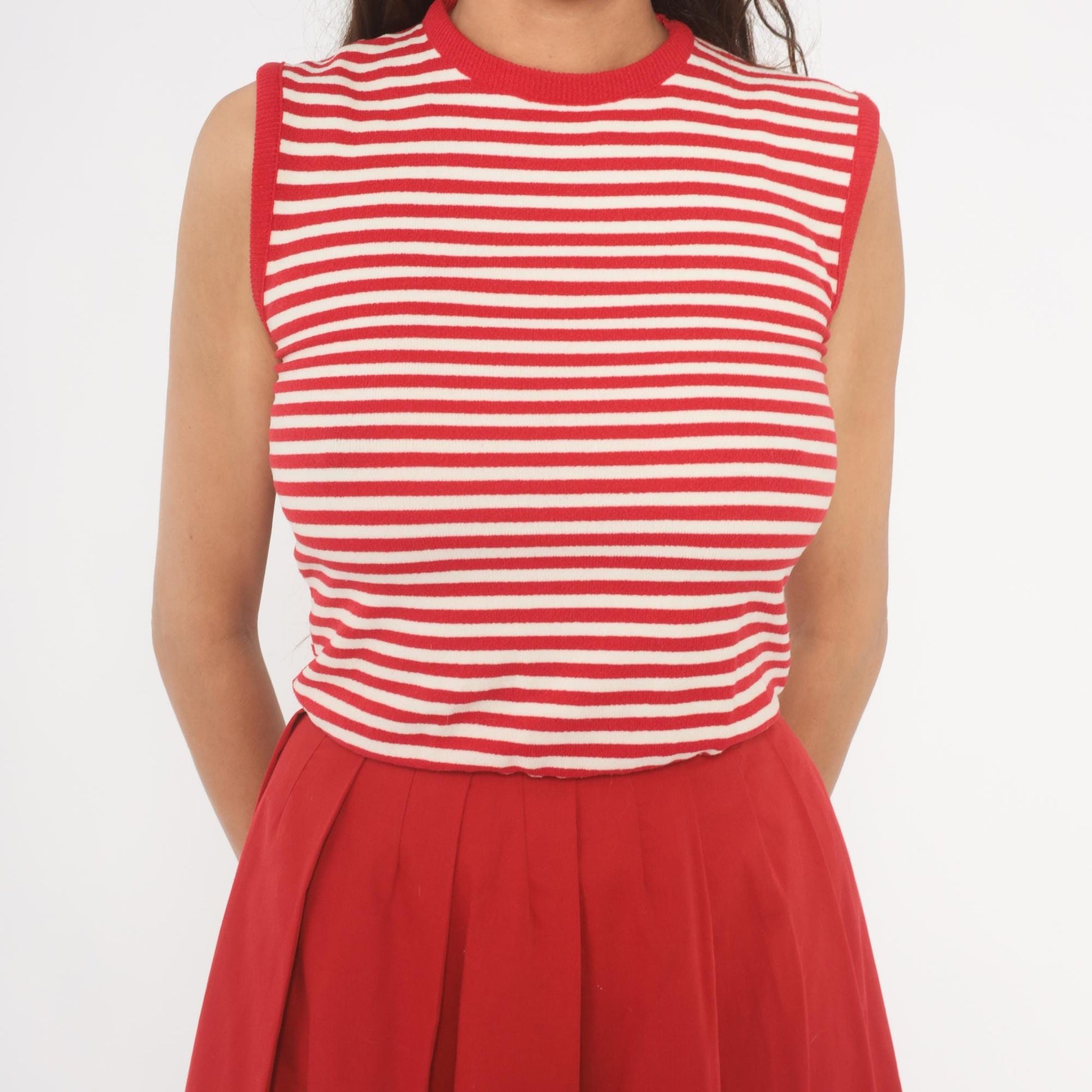 70s Country Set Red White Striped Sleeveless Dress Pleated Skirt Extra Small XS