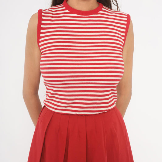 70s Country Set Red White Striped Sleeveless Dress Pleated Skirt Extra Small XS
