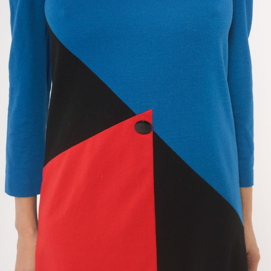 80s Leslie Fay Color Block Dress Cobalt Blue Red Black Geometric Knee Length Small S