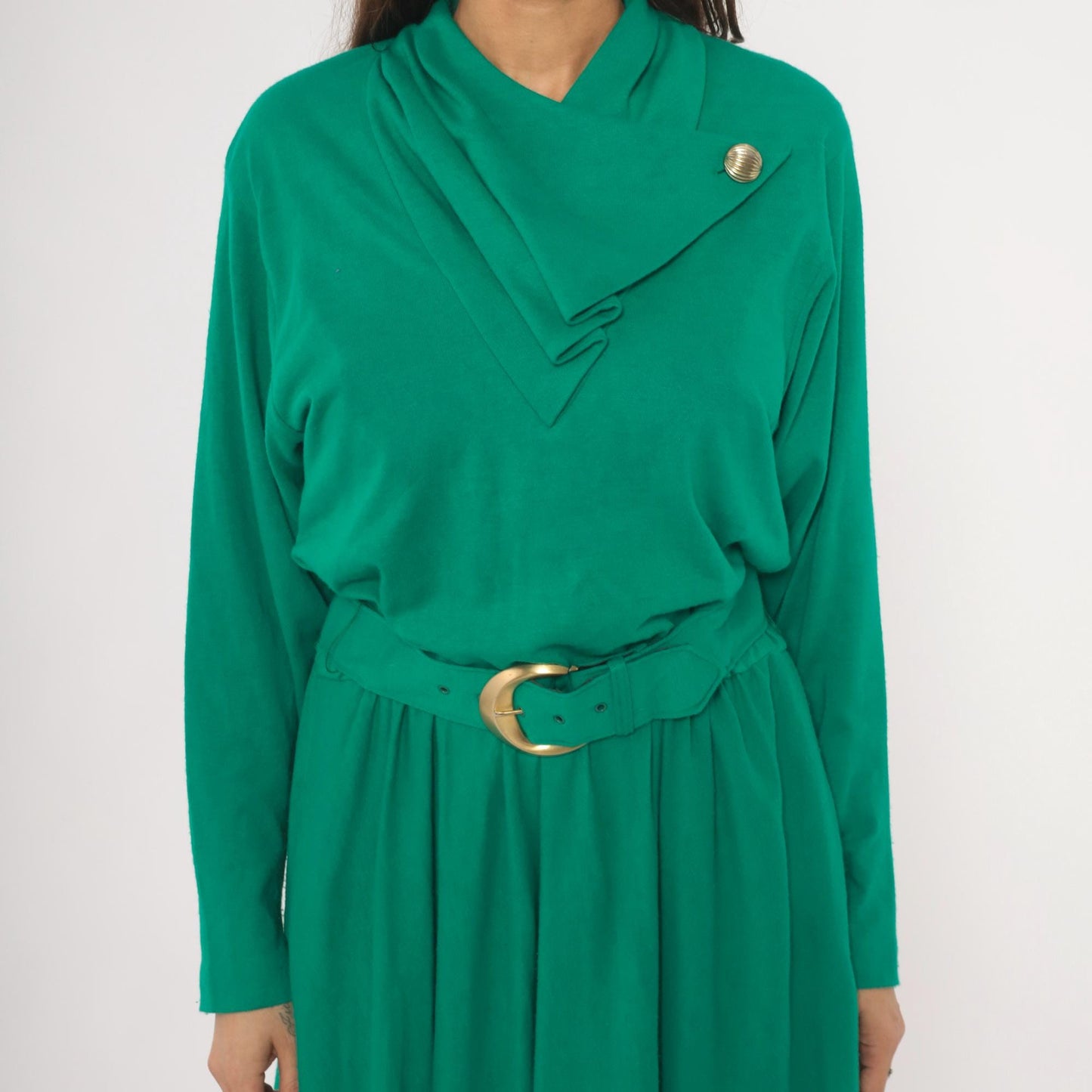 80s Positive Attitude Emerald Midi Dress Gold Buckle Belt Long Sleeve Large L