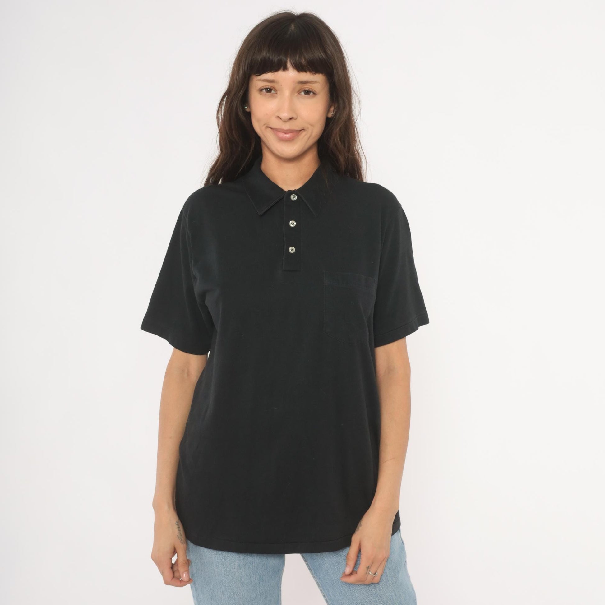80s American Legion Post 496 Kent Ohio Polo Shirt Black Cotton Casual Knits Large