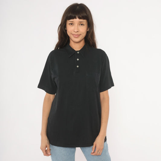 80s American Legion Post 496 Kent Ohio Polo Shirt Black Cotton Casual Knits Large