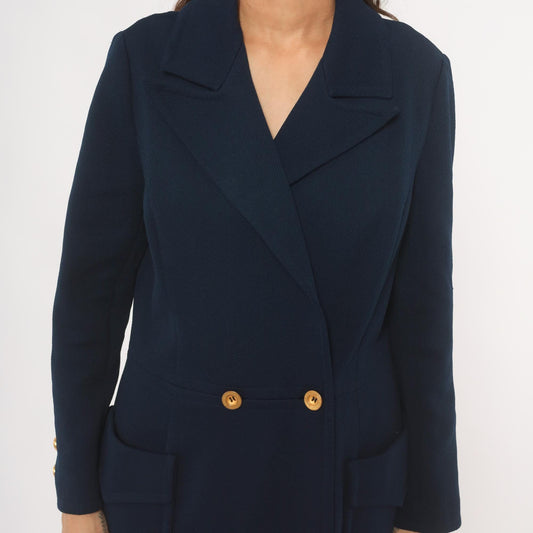70s Butte Knit Navy Double Breasted Coat Gold Buttons Knee Length Large L